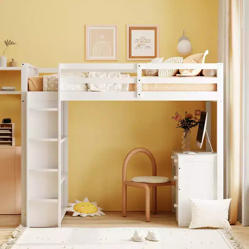 Lit mezzanine avec bureau et 4 tiroirs de rangement et 3 étagères, lit mezzanine surélevé avec bureau en L pour enfants, adolescents et adultes