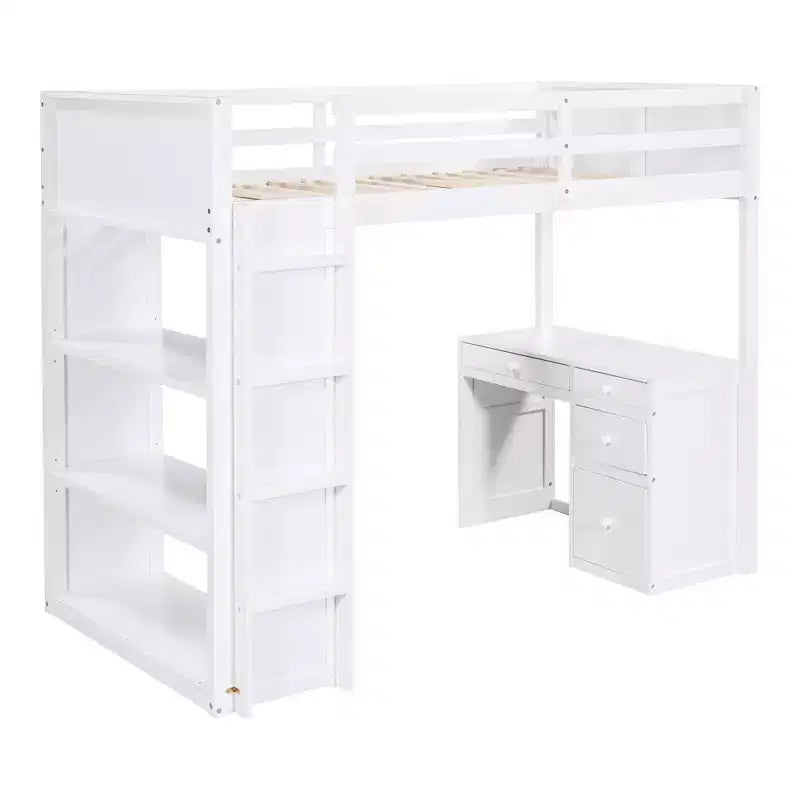 Lit mezzanine avec bureau et 4 tiroirs de rangement et 3 étagères, lit mezzanine surélevé avec bureau en L pour enfants, adolescents et adultes