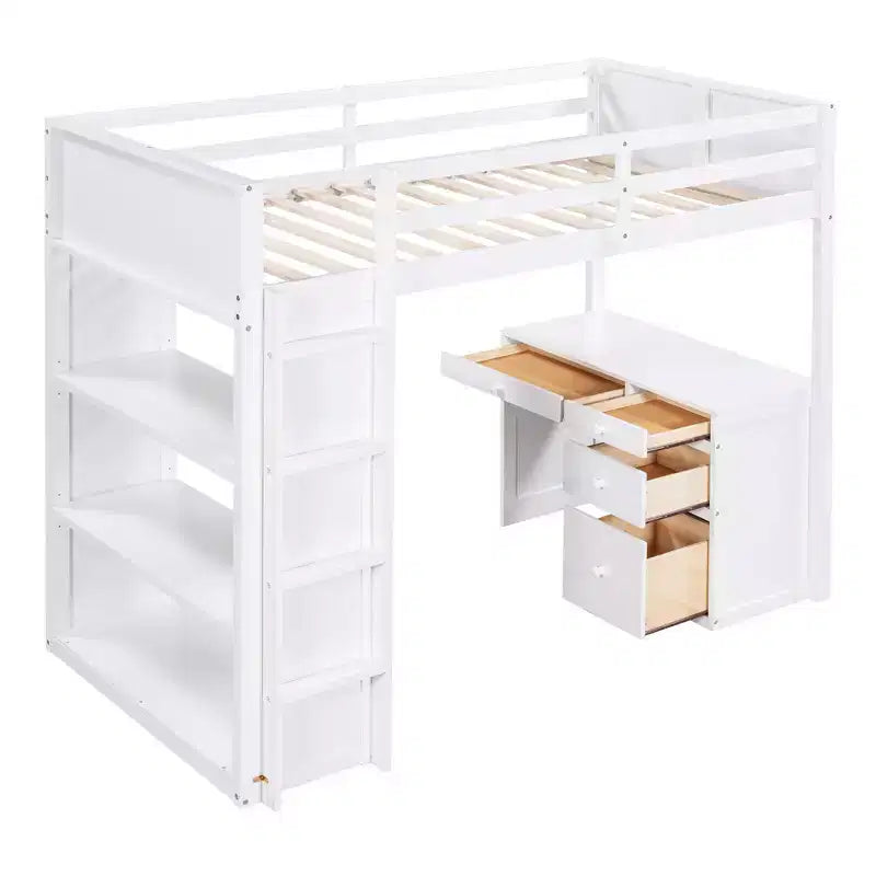 Lit mezzanine avec bureau et 4 tiroirs de rangement et 3 étagères, lit mezzanine surélevé avec bureau en L pour enfants, adolescents et adultes