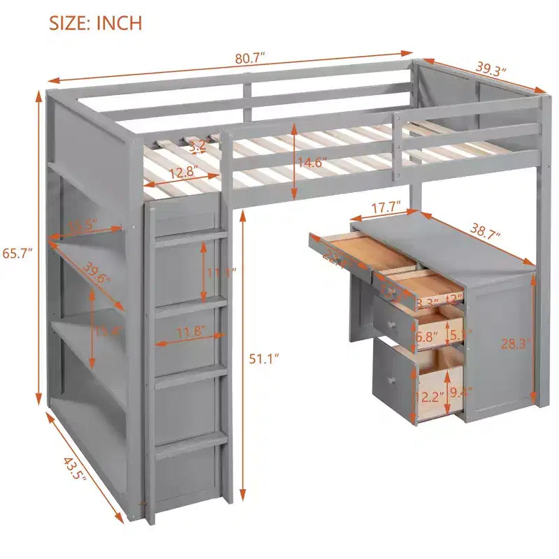 Lit mezzanine avec bureau et 4 tiroirs de rangement et 3 étagères, lit mezzanine surélevé avec bureau en L pour enfants, adolescents et adultes