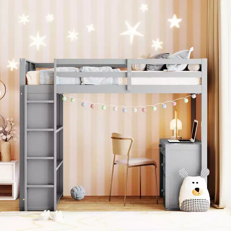 Lit mezzanine avec bureau et 4 tiroirs de rangement et 3 étagères, lit mezzanine surélevé avec bureau en L pour enfants, adolescents et adultes