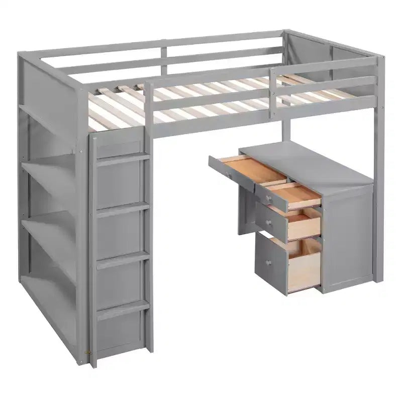 Lit mezzanine avec bureau et 4 tiroirs de rangement et 3 étagères, lit mezzanine surélevé avec bureau en L pour enfants, adolescents et adultes