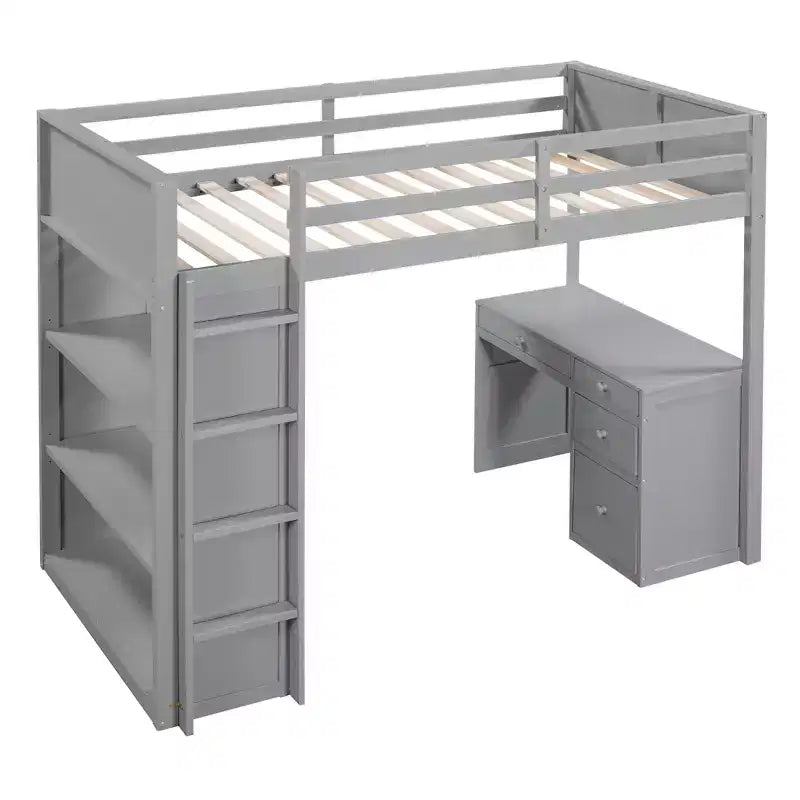 Lit mezzanine avec bureau et 4 tiroirs de rangement et 3 étagères, lit mezzanine surélevé avec bureau en L pour enfants, adolescents et adultes