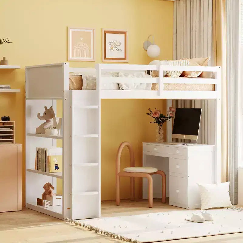 Lit mezzanine avec bureau et 4 tiroirs de rangement et 3 étagères, lit mezzanine surélevé avec bureau en L pour enfants, adolescents et adultes