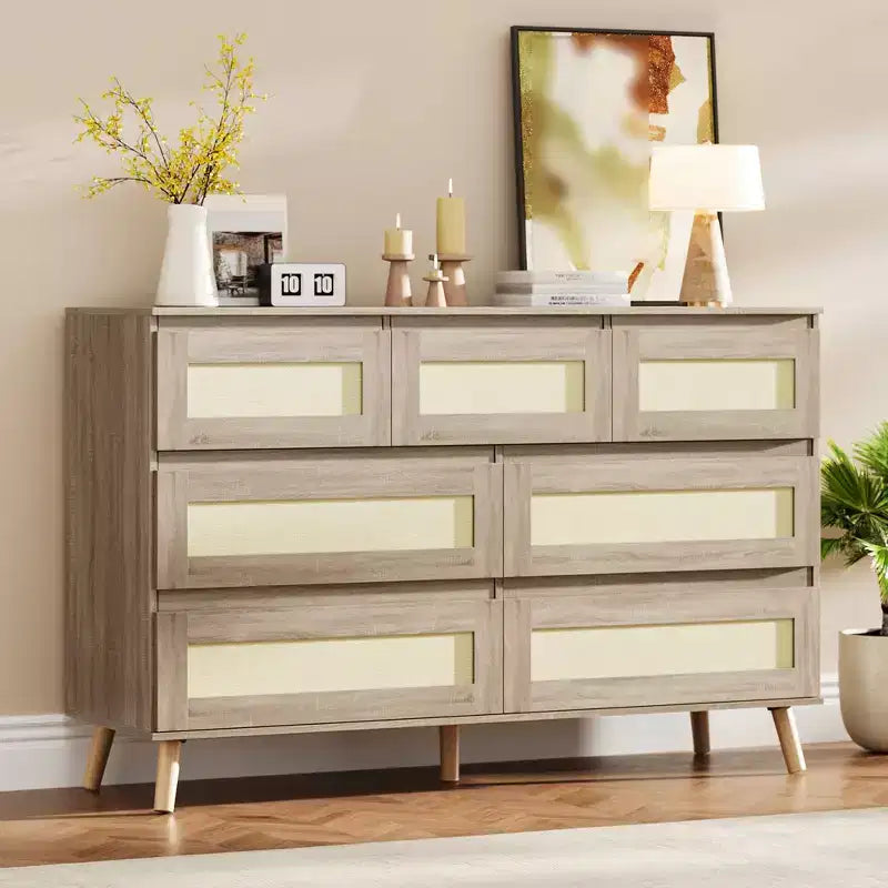 Commode à 7 tiroirs pour chambre à coucher, commode en rotin de 119 cm de large, organiseur de rangement en bois, table console média pour salon et couloir