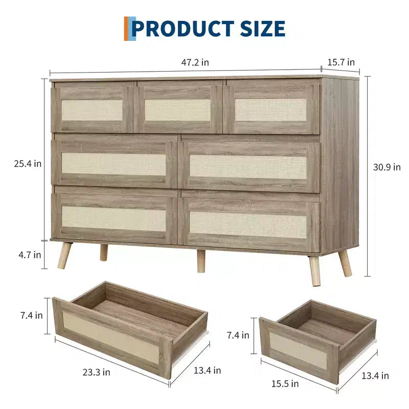 Commode à 7 tiroirs pour chambre à coucher, commode en rotin de 119 cm de large, organiseur de rangement en bois, table console média pour salon et couloir