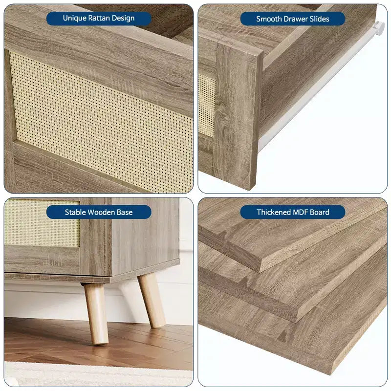 Commode à 7 tiroirs pour chambre à coucher, commode en rotin de 119 cm de large, organiseur de rangement en bois, table console média pour salon et couloir