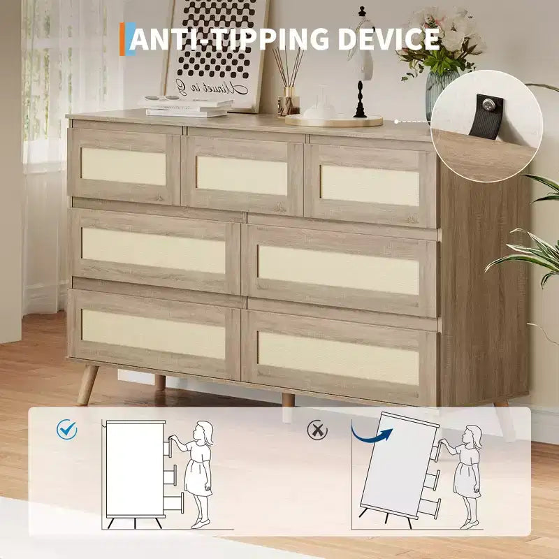 Commode à 7 tiroirs pour chambre à coucher, commode en rotin de 119 cm de large, organiseur de rangement en bois, table console média pour salon et couloir