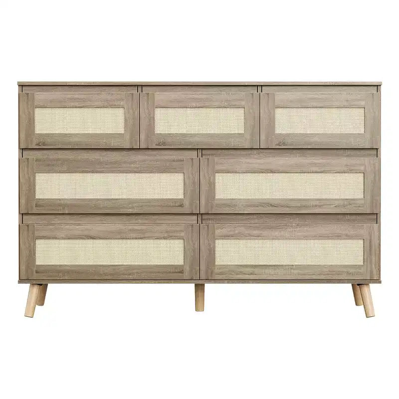 Commode à 7 tiroirs pour chambre à coucher, commode en rotin de 119 cm de large, organiseur de rangement en bois, table console média pour salon et couloir
