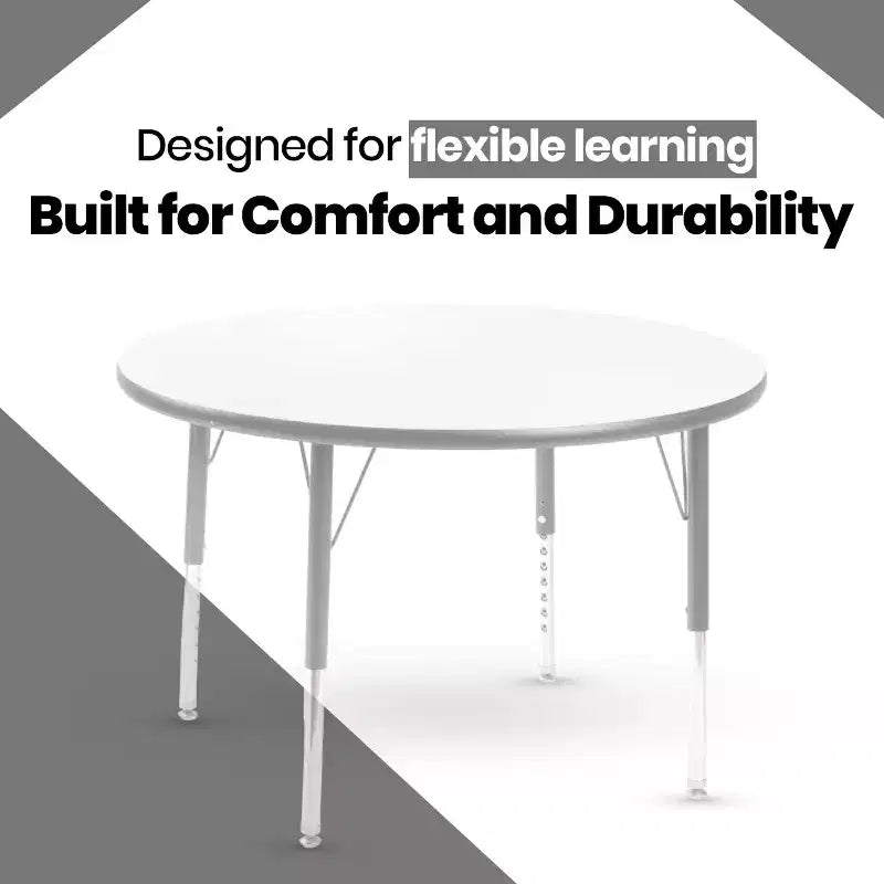 Table d'activités ronde, diamètre 91 cm avec chants gris pulvérisés et pieds en acier réglables, mobilier de salle de classe et de maternelle