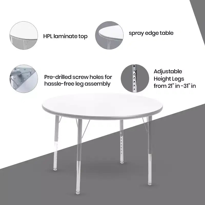 Table d'activités ronde, diamètre 91 cm avec chants gris pulvérisés et pieds en acier réglables, mobilier de salle de classe et de maternelle