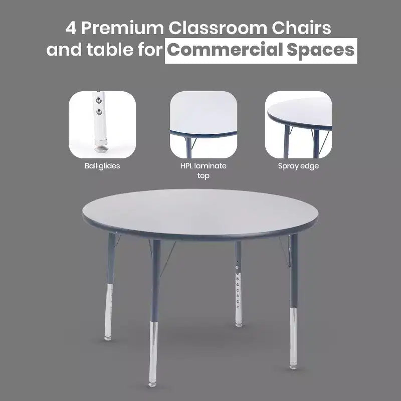Table d'activités ronde, diamètre 91 cm avec chants gris pulvérisés et pieds en acier réglables, mobilier de salle de classe et de maternelle