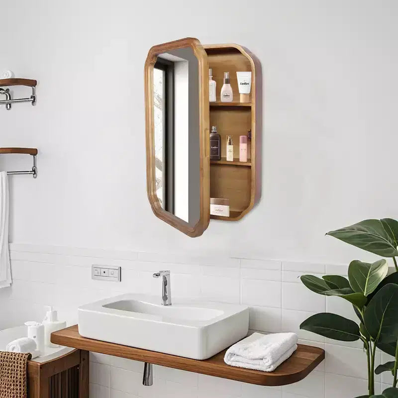 Miroir de salle de bain mural avec armoire et étagères réglables, design moderne peu encombrant, naturel antique
