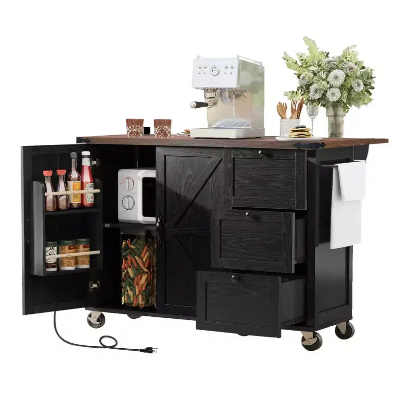 Îlot de cuisine avec abattant, prise électrique, étagère de rangement interne, chariot de cuisine roulant sur 5 roulettes avec 5 étagères latérales ouvertes (tabourets de bar non inclus)