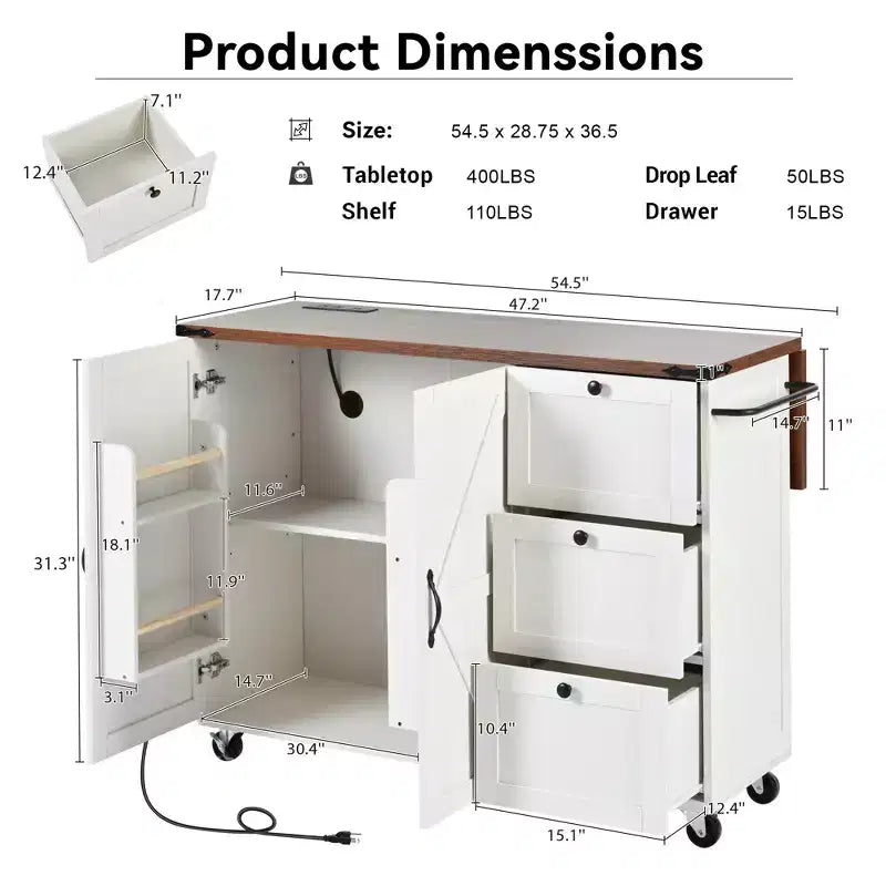 Îlot de cuisine avec abattant, prise électrique, étagère de rangement interne, chariot de cuisine roulant sur 5 roulettes avec 5 étagères latérales ouvertes (tabourets de bar non inclus)