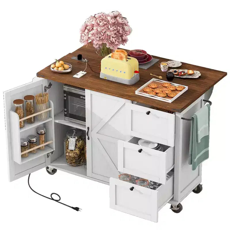 Îlot de cuisine avec abattant, prise électrique, étagère de rangement interne, chariot de cuisine roulant sur 5 roulettes avec 5 étagères latérales ouvertes (tabourets de bar non inclus)