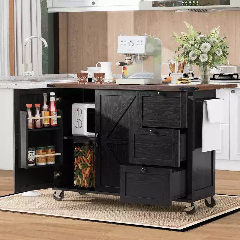 Îlot de cuisine avec abattant, prise électrique, étagère de rangement interne, chariot de cuisine roulant sur 5 roulettes avec 5 étagères latérales ouvertes (tabourets de bar non inclus)