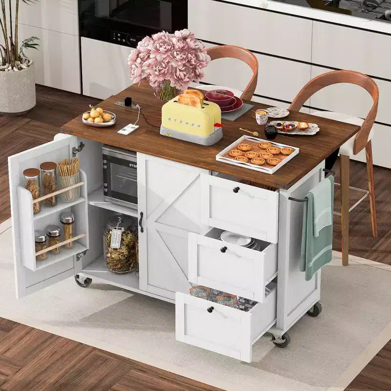 Îlot de cuisine avec abattant, prise électrique, étagère de rangement interne, chariot de cuisine roulant sur 5 roulettes avec 5 étagères latérales ouvertes (tabourets de bar non inclus)