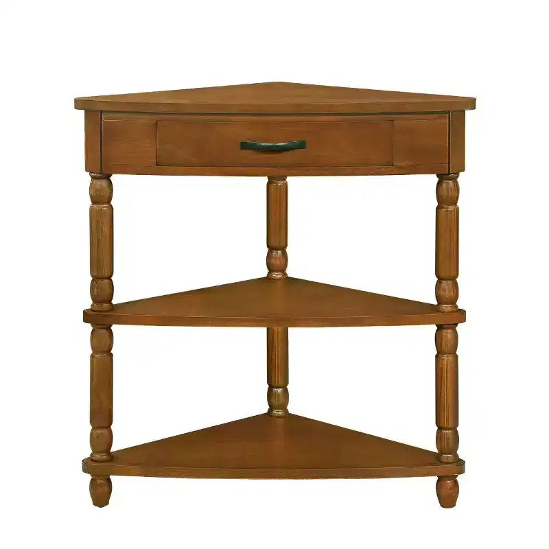 Petite table d'angle triangulaire à 3 niveaux avec pieds en bois massif, marron, pour petits espaces