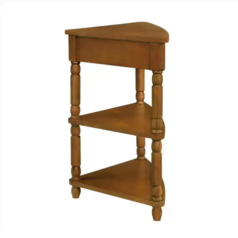 Petite table d'angle triangulaire à 3 niveaux avec pieds en bois massif, marron, pour petits espaces