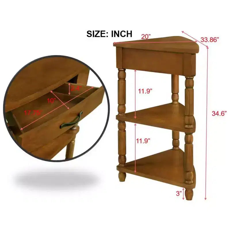 Petite table d'angle triangulaire à 3 niveaux avec pieds en bois massif, marron, pour petits espaces