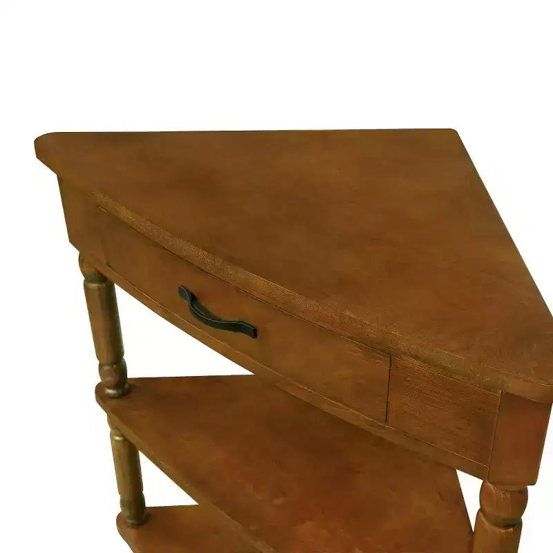 Petite table d'angle triangulaire à 3 niveaux avec pieds en bois massif, marron, pour petits espaces