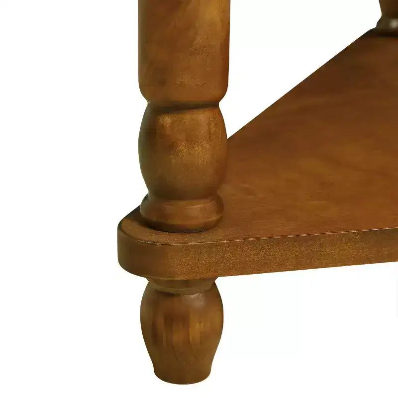 Petite table d'angle triangulaire à 3 niveaux avec pieds en bois massif, marron, pour petits espaces