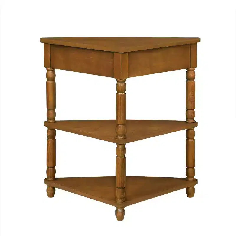 Petite table d'angle triangulaire à 3 niveaux avec pieds en bois massif, marron, pour petits espaces