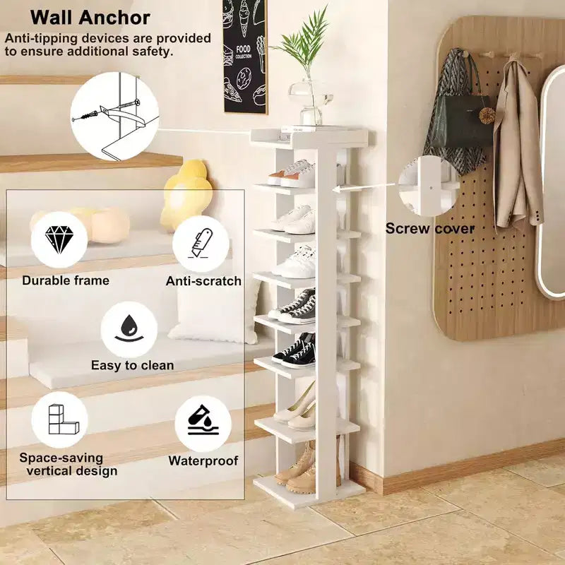Meuble à chaussures vertical mince en bois à 7 niveaux, 114 cm, pour entrée, placard et petits espaces, peut contenir 7 à 10 paires