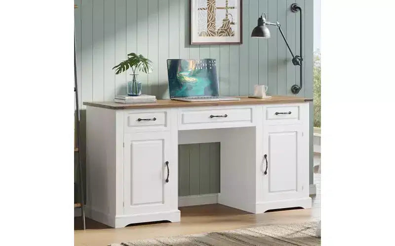 Bureau de direction de ferme de 60" avec 3 tiroirs et armoire de rangement, blanc