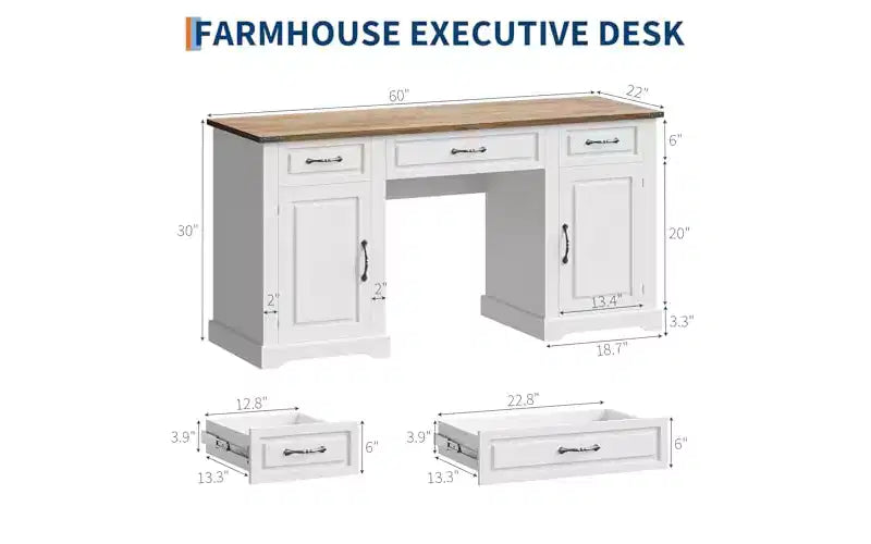 Bureau de direction de ferme de 60" avec 3 tiroirs et armoire de rangement, blanc
