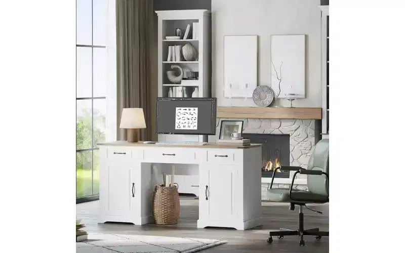 Bureau de direction de ferme de 60" avec 3 tiroirs et armoire de rangement, blanc