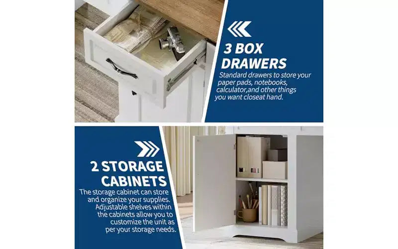 Bureau de direction de ferme de 60" avec 3 tiroirs et armoire de rangement, blanc