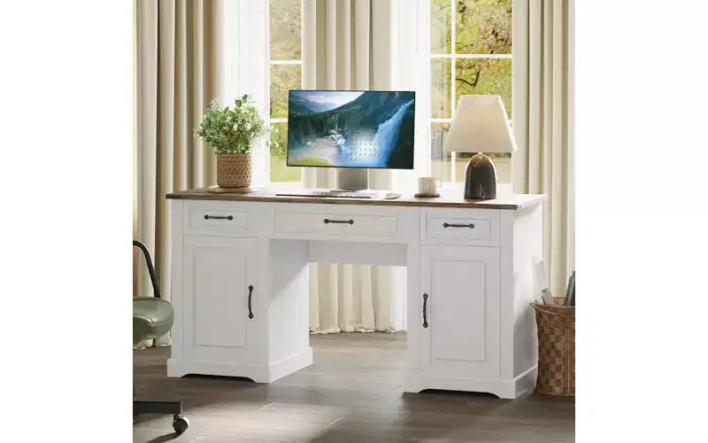 Bureau de direction de ferme de 60" avec 3 tiroirs et armoire de rangement, blanc