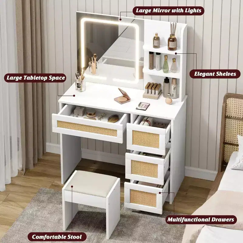 Coiffeuse, coiffeuse de maquillage - Table en rotin avec lumière LED réglable et miroir, 4 tiroirs, étagères ouvertes à 2 niveaux, grand rangement pour chambre (Blanc)