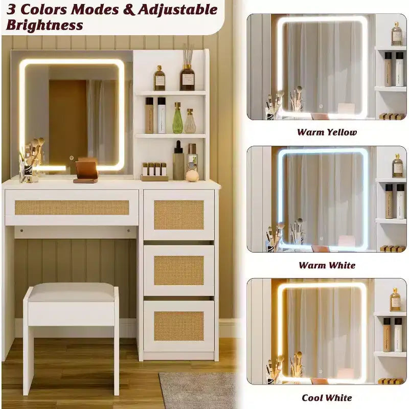 Coiffeuse, coiffeuse de maquillage - Table en rotin avec lumière LED réglable et miroir, 4 tiroirs, étagères ouvertes à 2 niveaux, grand rangement pour chambre (Blanc)