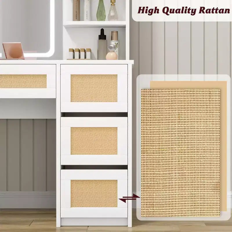Coiffeuse, coiffeuse de maquillage - Table en rotin avec lumière LED réglable et miroir, 4 tiroirs, étagères ouvertes à 2 niveaux, grand rangement pour chambre (Blanc)