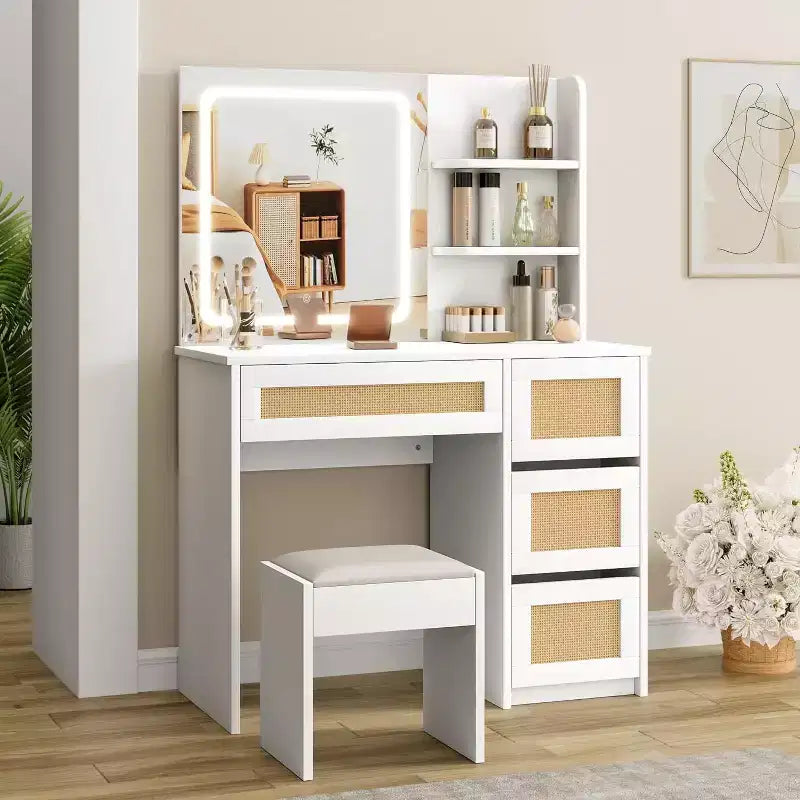 Coiffeuse, coiffeuse de maquillage - Table en rotin avec lumière LED réglable et miroir, 4 tiroirs, étagères ouvertes à 2 niveaux, grand rangement pour chambre (Blanc)