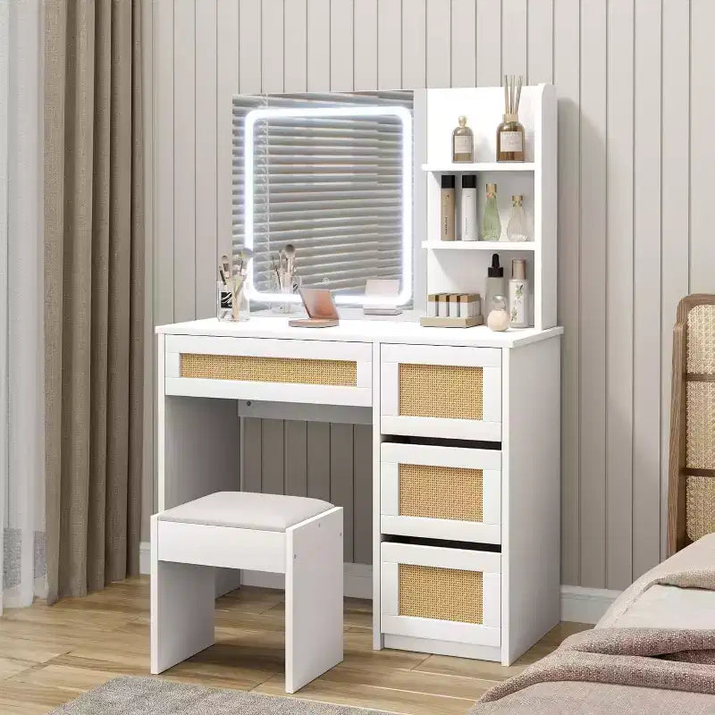 Coiffeuse, coiffeuse de maquillage - Table en rotin avec lumière LED réglable et miroir, 4 tiroirs, étagères ouvertes à 2 niveaux, grand rangement pour chambre (Blanc)