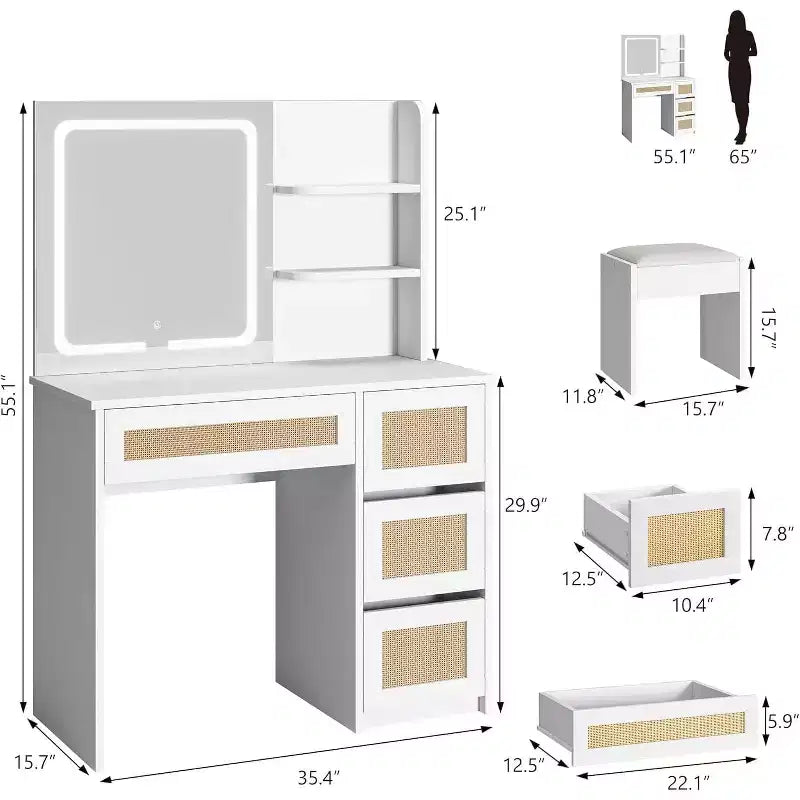 Coiffeuse, coiffeuse de maquillage - Table en rotin avec lumière LED réglable et miroir, 4 tiroirs, étagères ouvertes à 2 niveaux, grand rangement pour chambre (Blanc)