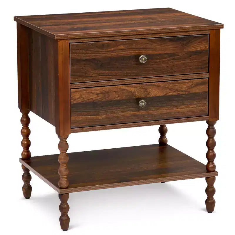Table de chevet marron à 2 tiroirs avec étagère inférieure, 24,02 po L, Panneau de particules