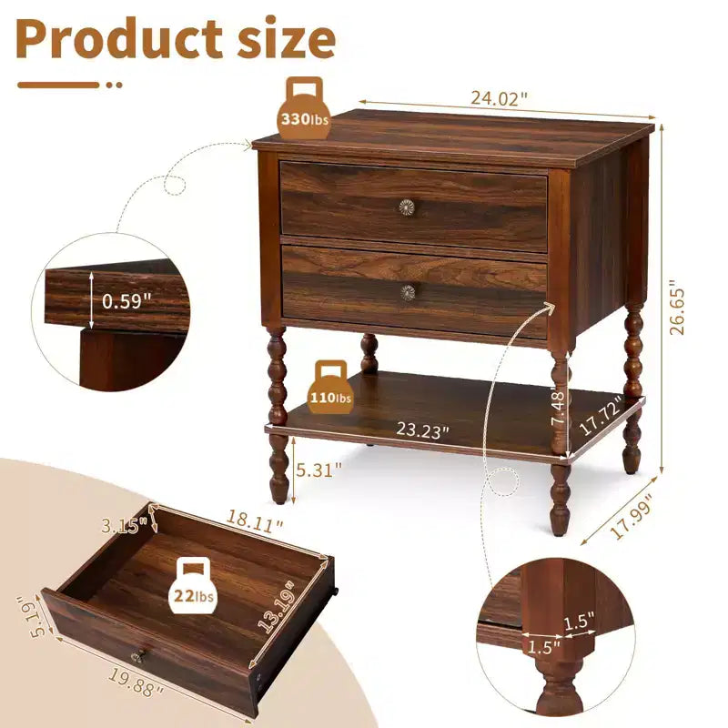 Table de chevet marron à 2 tiroirs avec étagère inférieure, 24,02 po L, Panneau de particules