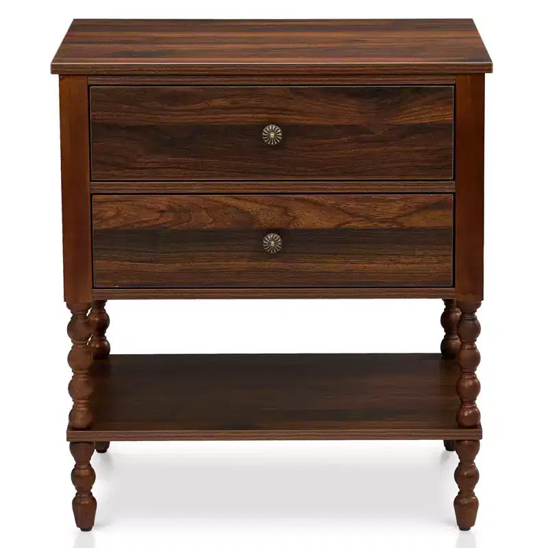 Table de chevet marron à 2 tiroirs avec étagère inférieure, 24,02 po L, Panneau de particules