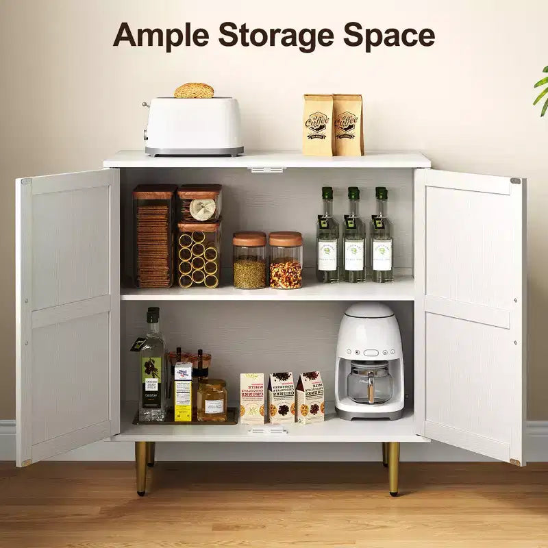 Meuble de rangement 2 portes avec étagères réglables, Blanc et Bois Naturel, 83,5 cm L