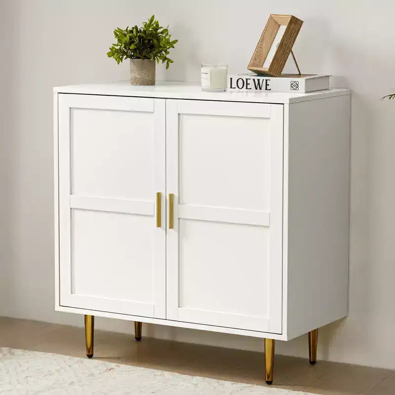 Meuble de rangement 2 portes avec étagères réglables, Blanc et Bois Naturel, 83,5 cm L