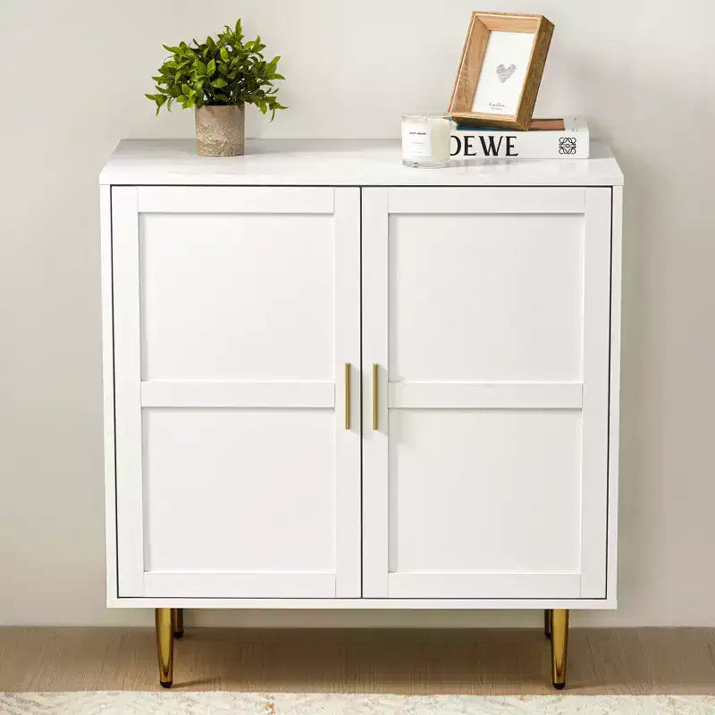 Meuble de rangement 2 portes avec étagères réglables, Blanc et Bois Naturel, 83,5 cm L
