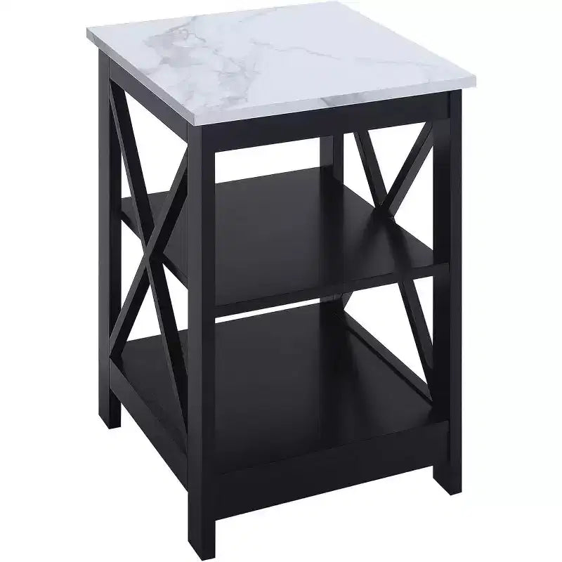 Table d'appoint Belmont avec 3 étagères ouvertes et panneaux en X, imitation marbre blanc/noir