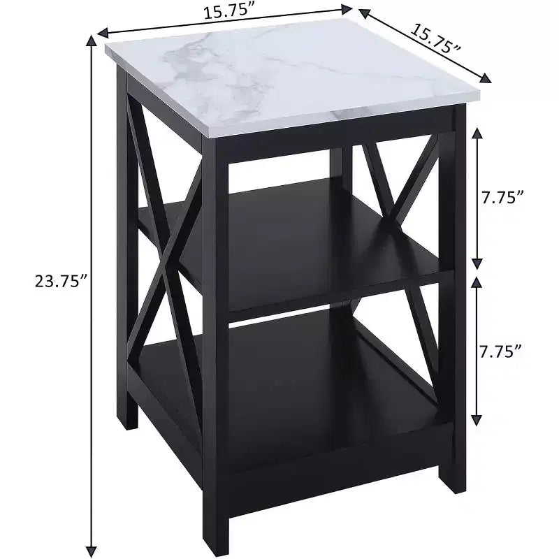 Table d'appoint Belmont avec 3 étagères ouvertes et panneaux en X, imitation marbre blanc/noir