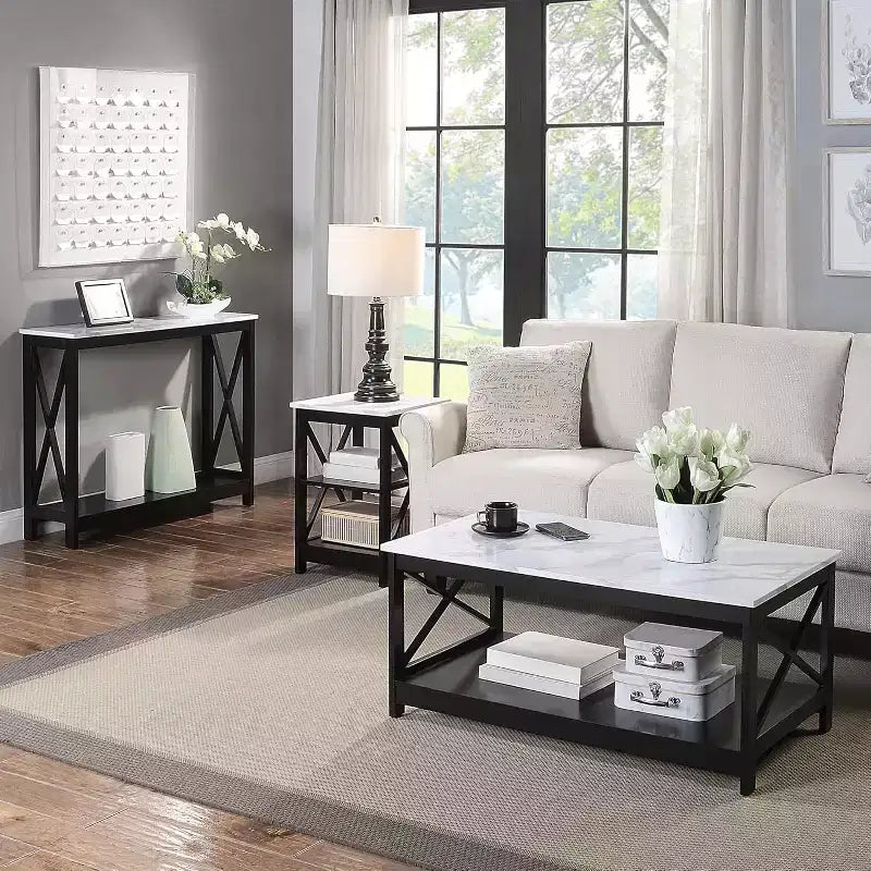 Table d'appoint Belmont avec 3 étagères ouvertes et panneaux en X, imitation marbre blanc/noir