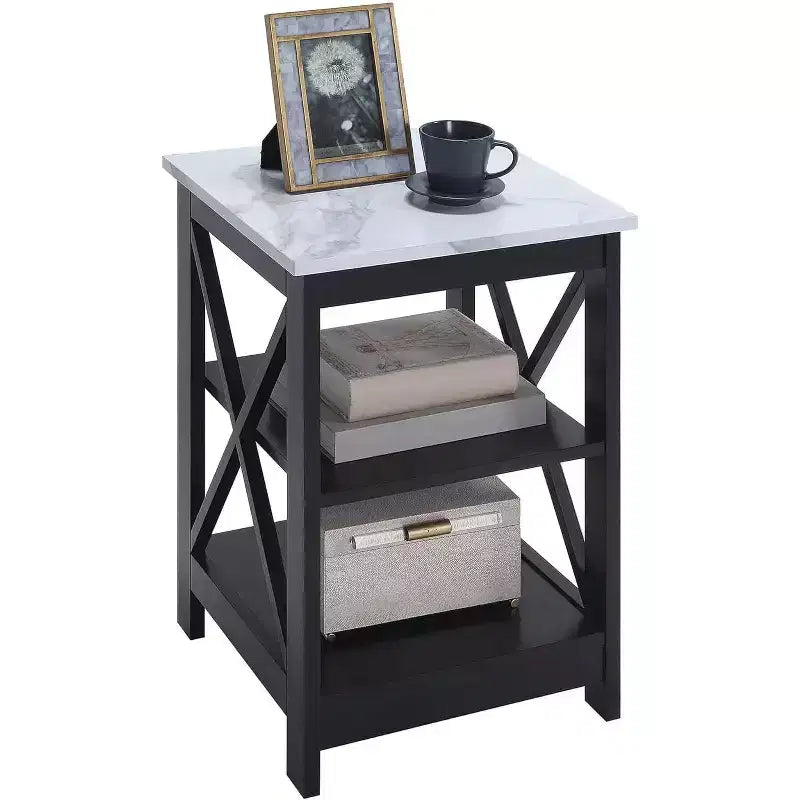 Table d'appoint Belmont avec 3 étagères ouvertes et panneaux en X, imitation marbre blanc/noir